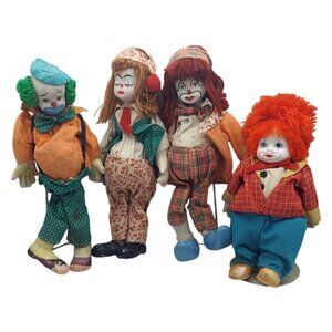 Vintage MCM Collectible Porcelain Clown Dolls w/ Stands Set of 4